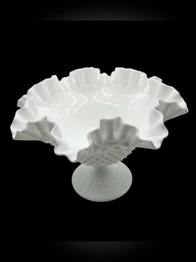 Vintage Fenton Hobnail Milk Glass Compote Ruffled Edge Candy Dish collectable